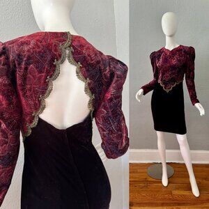 Vintage 80s Burgundy Velvet Cutout Wiggle Long Sleeve Mini Prom Dress S